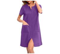 Generisch Camisón de manga corta para mujer, camiseta corta, con botones, ropa de dormir, albornoz de viaje, albornoz de sauna, morado, M