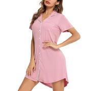 Generisch Camisón de manga corta para mujer, camiseta de dormir con cuello en V, vestido de dormir con botones, ropa de dormir ligera de verano, camiseta suave y cómoda, con bolsillos, vestido de casa