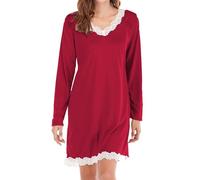 Generisch Camisón de manga larga para mujer, camiseta de dormir con cuello en V, camisón con encaje, monocolor, ropa de dormir, ligera, transpirable, holgada, ropa de dormir suave y cómoda para el día