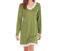Generisch Camisón de manga larga para mujer, camiseta de dormir con cuello en V, camisón con encaje, monocolor, ropa de dormir, ligera, transpirable, holgada, ropa de dormir suave y cómoda para el día