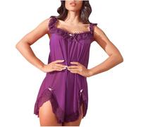 Generisch Camisón de satén sexy para mujer, camisón de noche, encaje, cuello en V, correas ajustables con cuello en V, ropa de dormir para mujer, morado, S