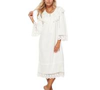 Generisch Camisón largo de estilo victoriano para mujer - Romántico vestido de dormir de algodón con encaje | Elegante ropa de dormir de manga ancha, Style_d01 Blanco, L