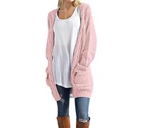 Generisch Cárdigan de punto grueso de manga larga para mujer con estampado de trenzas y bolsillos, Rosa., L