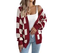 Generisch Cárdigan de punto grueso para mujer con frente abierto y cuello en V, abrigo de manga larga de gran tamaño con patrón de cuadros para uso informal, burdeos, M
