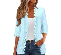 Generisch Cárdigan de punto para mujer, elegante, monocolor, manga 3/4, cárdigan informal, suelto, clásico, cómodo, ligero y ventilado, con encaje, cubierta de playa, 01 azul., L