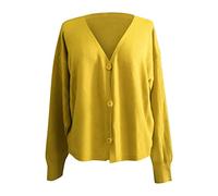 Generisch Cárdigan de punto para mujer, manga larga, con botones, festivo, elegante, cárdigan para mujer, con cuello en V, chaqueta de punto ligera recortada, Jersey B3-amarillo, M