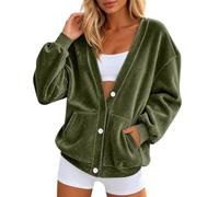 Generisch Cárdigan de terciopelo para mujer, elegante cuello en V, bolsillos con botones, chaqueta de verano, informal, ropa de exterior, sudadera, ocio, transición, manga larga, Verde militar, L
