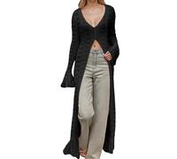 Generisch Cárdigan largo de ganchillo para mujer, con botones, elegante, plumero, vestido largo, bikini, abrigo de punto, jersey de punto, gasa, blusas de playa, kimono, cárdigan, Negro , L