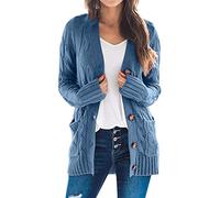 Generisch Cárdigan ligero de manga de punto Boho Largo Patchwork Abrigo Rebeca Bolsillos Jersey Delantero Boina Señoras Punto, azul, M