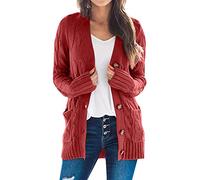 Generisch Cárdigan ligero de manga de punto Boho Largo Patchwork Abrigo Rebeca Bolsillos Jersey Delantero Boina Señoras Punto, rojo, XL