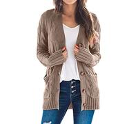 Generisch Cárdigan ligero de manga de punto Boho Largo Patchwork Abrigo Rebeca Bolsillos Jersey Delantero Boina Señoras Punto, Rosa., L