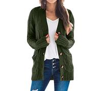 Generisch Cárdigan ligero de manga de punto Boho Largo Patchwork Abrigo Rebeca Bolsillos Jersey Delantero Boina Señoras Punto, Verde militar., XL