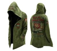 Generisch Cárdigan vintage para hombre estilo motorista - Abrigo con capucha con estampado Route 66 | Chaqueta casual con parches de Estados Unidos para un look retro, Style_q01 Verde, XL