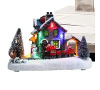 Generisch Casa de Navidad, pueblo de Navidad, resina con luces LED, adornos de tren de Papá Noel, juegos de adornos en miniatura para el hogar, salón, mesa de comedor, escritorio