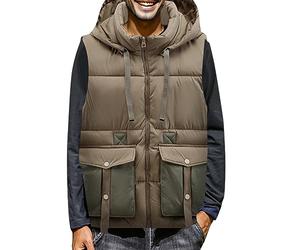 Generisch Chaleco acolchado ligero con capucha para hombre, chaleco de trabajo cargo de color sólido, con bolsillos y capucha, chaleco de invierno de peso pesado, chaleco térmico, cuello alto