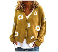Generisch Chaleco con cadena para mujer, suéter cálido, abrigo superior, cárdigans, estampado de margaritas, sudadera de manga larga, cuello en V, elegante, suéter para mujer, amarillo, L