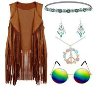 Generisch Chaleco con flecos para mujer, chaleco hippie de los años 70, sin mangas, vaquera occidental, ante sintético, borla, chaqueta de piel con collar, gafas, pendientes, tocado de 5 piezas, juego