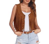 Generisch Chaleco con flecos para mujer, de ante sintético, sin mangas, estilo hippie, estilo boho, caqui, L