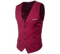 Generisch Chaleco de cuello en V para hombre con corte ajustado, tela formal sólida para bodas, bailes, citas de negocios, ropa de fiesta elegante, rojo, L