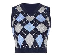 Generisch Chaleco de lana para mujer a cuadros color de contraste de punto corto sin mangas chaleco, azul, S