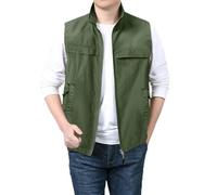 Generisch Chaleco de lino para hombre, traje de lino de verano, chaleco informal ajustado, cuello en V, chaleco de trabajo funcional ligero con bolsillos, chaqueta de senderismo, camping, fotografía