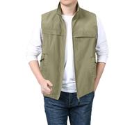 Generisch Chaleco de lino para hombre, traje de lino de verano, chaleco informal ajustado, cuello en V, chaleco de trabajo funcional ligero con bolsillos, chaqueta de senderismo, camping, fotografía