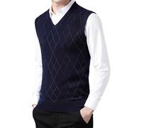 Generisch Chaleco de punto para hombre, chaleco a cuadros, cuello en V, chalecos tradicionales de punto fino, sin mangas, suéter de invierno, otoño, suéter de trabajo, chaleco grueso, S2 Navy, XXL