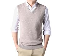 Generisch Chaleco de punto para hombre, chaleco a cuadros, cuello en V, chalecos tradicionales de punto fino, sin mangas, suéter de invierno, otoño, suéter de trabajo, chaleco grueso, S2 Caqui, L