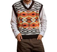 Generisch Chaleco de punto para hombre, chaleco vintage marrón a rayas, jersey de punto jacquard, cuello en V, chaleco de trabajo, otoño, sin mangas, suéter de punto, chaleco, informal, holgado