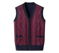 Generisch Chaleco de punto para hombre, jersey de punto fino, a cuadros, sin mangas, cuello de pico, suéter de invierno, jersey de punto a cuadros, jersey de punto relajado, jersey de punto suave, T1