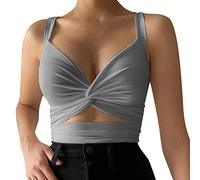 Generisch Chaleco de tirantes para mujer, informal, deportivo, corte bajo, elástico, ajustado, sexy, con cordones en la espalda, gris, M