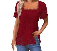 Generisch Chaleco de verano suelto plisado cuello cuadrado manga corta superior dobladillo redondeado suelto tamaño grande mujer top pantalones festivos, rojo, S