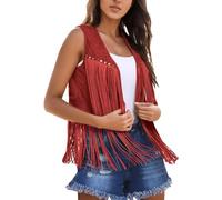 Generisch Chaleco occidental para mujer con flecos, estilo hippie, sin mangas, frente abierto, chaqueta boho para mujer, rojo, S