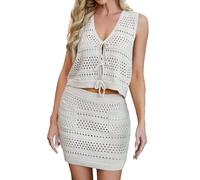 Generisch Chaleco sin mangas con cuello en V y falda de punto para mujer, Blanco, L