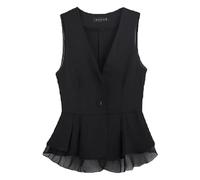 Generisch Chaleco sin mangas para mujer con cuello en V de gasa, cárdigan corto de color liso como elegante abrigo de verano para atuendos versátiles, Negro , XL