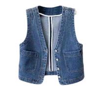 Generisch Chaleco vaquero para mujer, sin mangas, tallas grandes, para el tiempo libre, verano, chaqueta vaquera, corto, con cuello de pico, chaleco de moto con bolsillos, chaleco de trabajo, vintage,