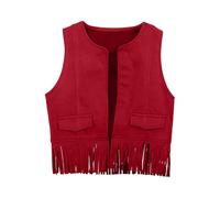 Generisch Chaleco vaquero para niños y niñas, sin mangas, chaqueta vaquera, traje hippie Wildwest con flecos, disfraz hippie monocolor, disfraz de club, Halloween, carnaval, rojo, 120 cm