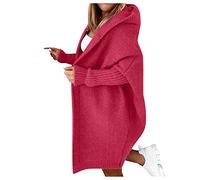 Generisch Chalecos de mujer de manga larga Cárdigan de color liso con capucha con mangas de murciélago suéter abierto con piedras brillantes, rojo, L