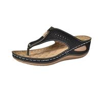 Generisch Chanclas de cuero para mujer con soporte de arco para verano, playa, sandalias de tanga cómodas para fascitis plantar, zapatos de playa, pantuflas de vacaciones, Negro , 43 EU