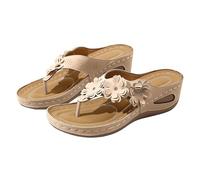 Generisch Chanclas de dedos para mujer, elegantes, sandalias de cuña para mujer, sandalias de verano, sandalias con flores, tallas grandes, pantuflas modernas, sandalias de cuña, cómodas, caqui, 36 EU