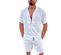 Generisch Chándal azul hombres primavera verano dos piezas playa manga corta camisa pantalones cortos conjunto con bolsillo color sólido suelto chaleco Jack, Blanco, M