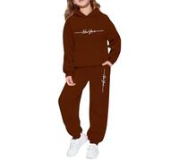 Generisch Chándal de forro polar para niña, cálido, con capucha, pantalones para niños, ropa de ocio estampada, juego de dos piezas para niñas, marrón, 4-5 años