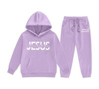Generisch Chándal infantil con estampado de Jesús - Conjunto de 2 piezas con capucha y pantalones cortos | Conjunto de ocio cristiano para niños y niñas, Estilo_o08 púrpura, 2-3 años