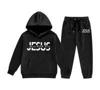 Generisch Chándal infantil con estampado de Jesús - Conjunto de 2 piezas con capucha y pantalones cortos | Conjunto de ocio cristiano para niños y niñas, Style_o01 Negro, 3-4 años