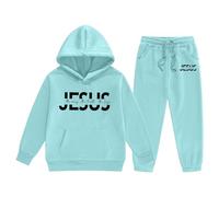 Generisch Chándal infantil con estampado de Jesús - Conjunto de 2 piezas con capucha y pantalones cortos | Conjunto de ocio cristiano para niños y niñas, Style_o09 Verde azulado, 2-3 años