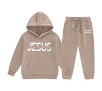 Generisch Chándal infantil con estampado de Jesús - Conjunto de 2 piezas con capucha y pantalones cortos | Conjunto de ocio cristiano para niños y niñas, Style_o07 Khaki, 10-11 años