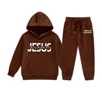 Generisch Chándal infantil con estampado de Jesús - Conjunto de 2 piezas con capucha y pantalones cortos | Conjunto de ocio cristiano para niños y niñas, Style_o02 Marrón, 6-7 años