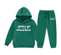 Generisch Chándal infantil con estampado de Jesús - Conjunto de 2 piezas con capucha y pantalones cortos | Conjunto de ocio cristiano para niños y niñas, Style_o03 Verde, 8-9 años