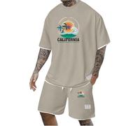 Generisch Chándal para hombre, 2 piezas, manga corta, chándal de verano con estampado de letras, hip hop, ropa de calle, ropa deportiva para hombres activos, caqui, 3XL