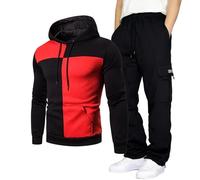 Generisch Chándal para hombre con diseño de bloque de color - Traje de chándal de dos piezas con capucha y pantalones cargo | Conjunto deportivo con aspecto de gofre, Style_h02 Negro, XL